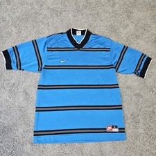 Vintage Retro 90s Nike Swoosh Blue Striped Soccer Jersey Made In USA Size Large