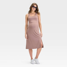 Isabel Maternity Dress Womens Medium Taupe Slit Active Midi Empire Waist