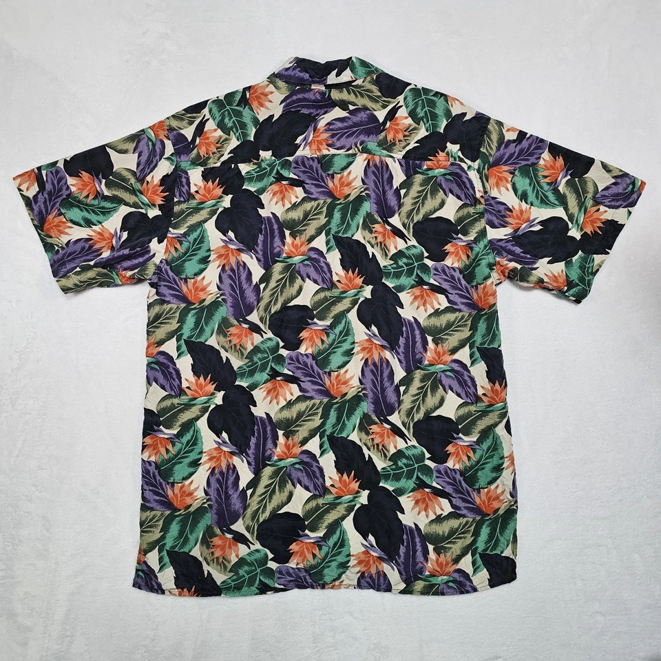 Camisa Hawaiana Bill Blass De Colección Para Hombres L Satén Seda Pájaro del Paraíso Campamento Colorida Foto 4 de 4