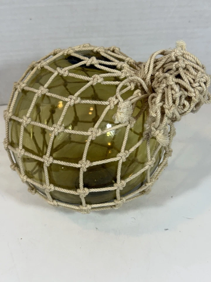 Japanese Glass Fish Floats With Netting Olive Amber 6-7” Diameter Hand Blown Vtg - Image 4 of 4
