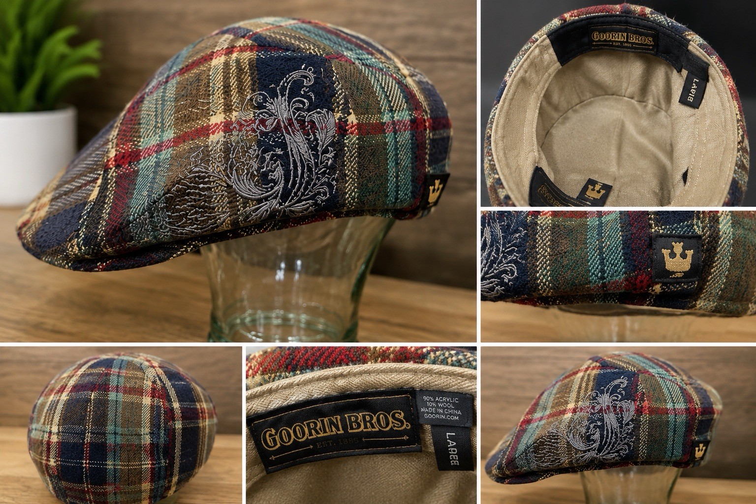 Vintage Goorin Bros Plaid Ivy Flat Cap Hat Large Embroidered Driver Newsboy