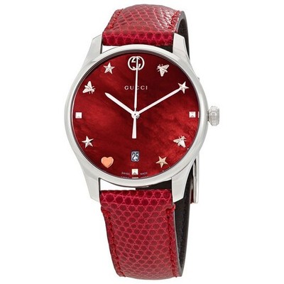 Gucci G-Timeless Women s Red MOP Dial Leather Band Watch YA1264041A ($1380 MSRP)