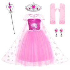 Pink Princess Dress Costumes Birthday Dress Up for Little Girls with CrownMac...