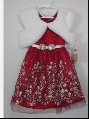 Jona Michelle Girl's Holiday Christmas Dress Red (White Fur Jacket Belt 12)NWT
