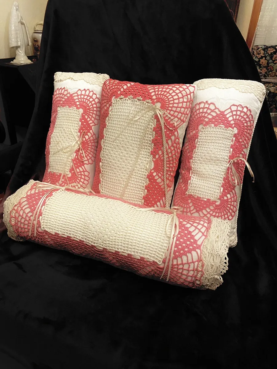 4 Bed Decor Pillows Set Autumn Mulberry/Cream Cotton Handcrafted Bolster  Crochet