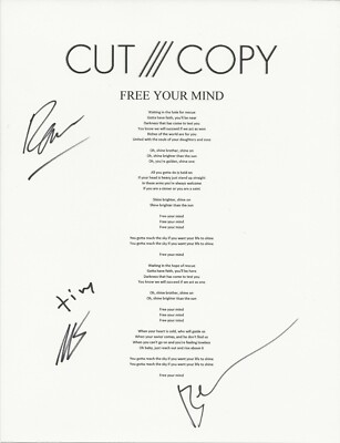 Cut Copy band REAL hand SIGNED 8.5x11'' Free Your Mind Lyric Sheet #1 COA