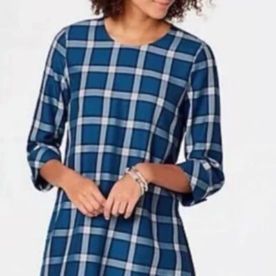 J.Jill Women L Blue Atlantic Plaid 3/4 Sleeves High Low Button Back Tunic Blouse