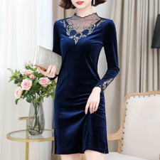 Women Velvet Dress Embroidery Mesh V-neck Stretchy Cocktail Evening Party