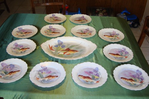 ANTIQUE LIMOGES FLAMBEAU HAND PAINTED PLATTER AND 12 PLATES FISH GAME SET, IRIS