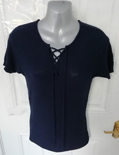 Frame Shirt London Los Angeles XS Navy Blue Knit Lace Up Neck Blouse Top Stretch