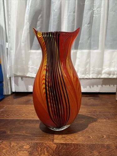 VTG Murano Style Italian Art Glass Vase Red & Orange Black Striped Swirl Vase