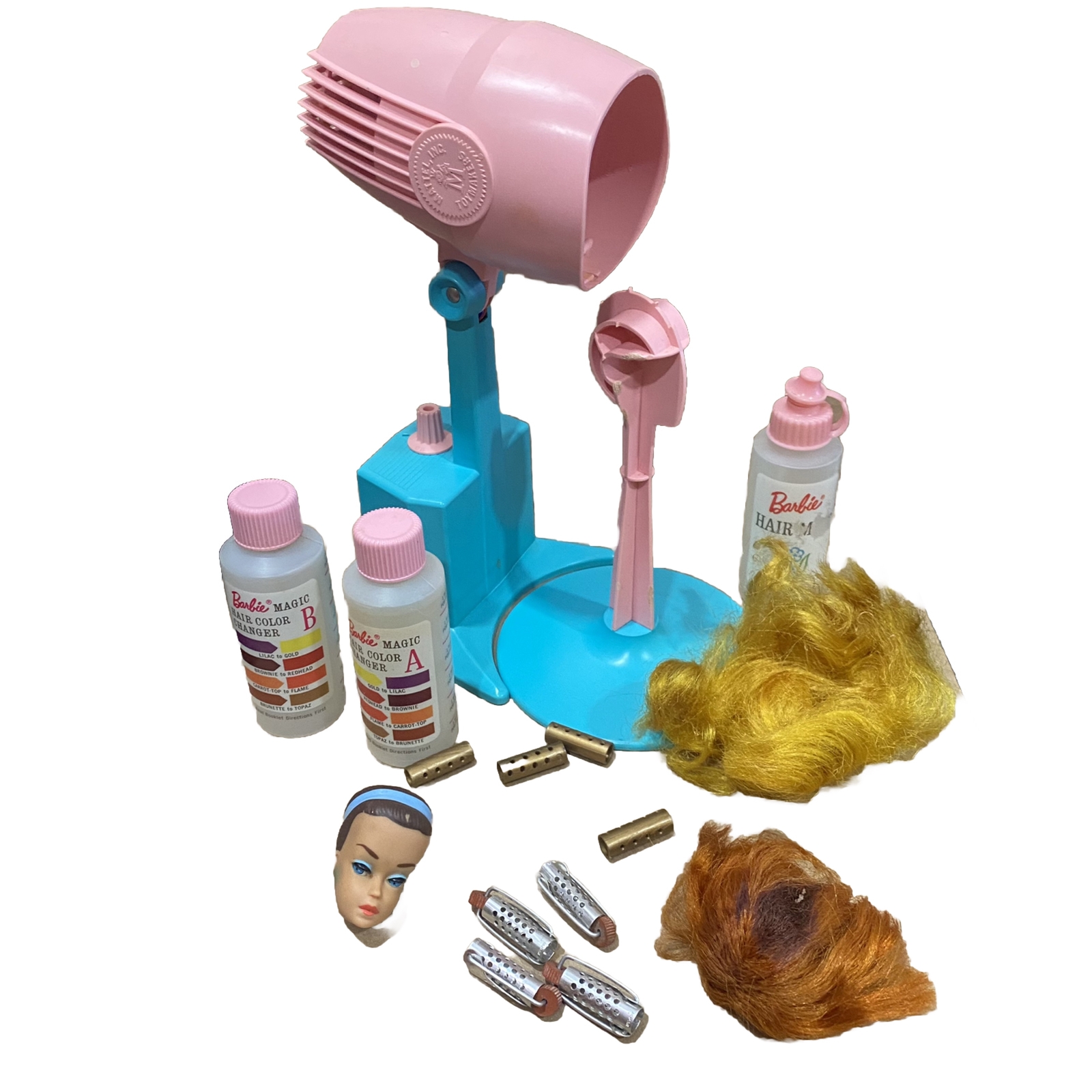 Vintage Barbie Color'n Curl Set Mattel Wigs, Hair Dryer, Bottles, Hair