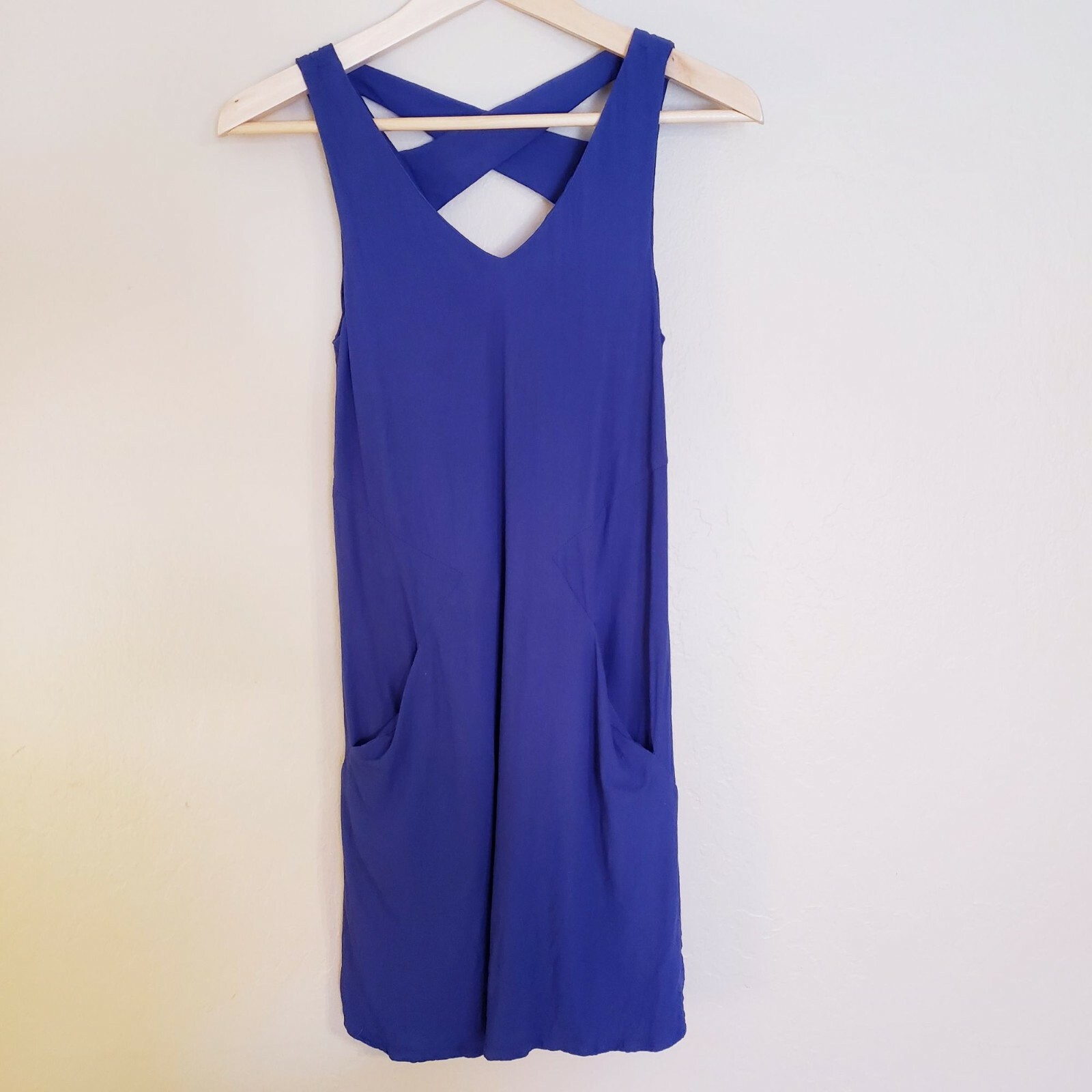 Mango Women's Navy Viscose Cross Back Dress with Pockets - size 2