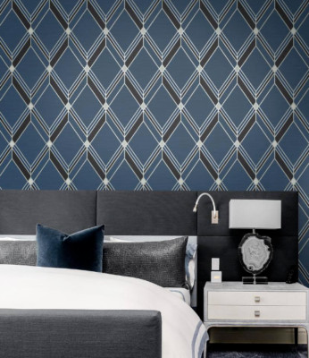 Brooklyn Diamond Navy blue black silver Metallic trellis modern geo Wallpaper 3D