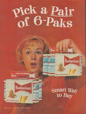 1959 Budweiser Beer Pick A Pair of 6 Paks Smart Way Pretty Red Head Vtg Print Ad