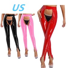 Women Patent Leather Crotchless Skinny Pants Punk Open Butt Tights Trousers