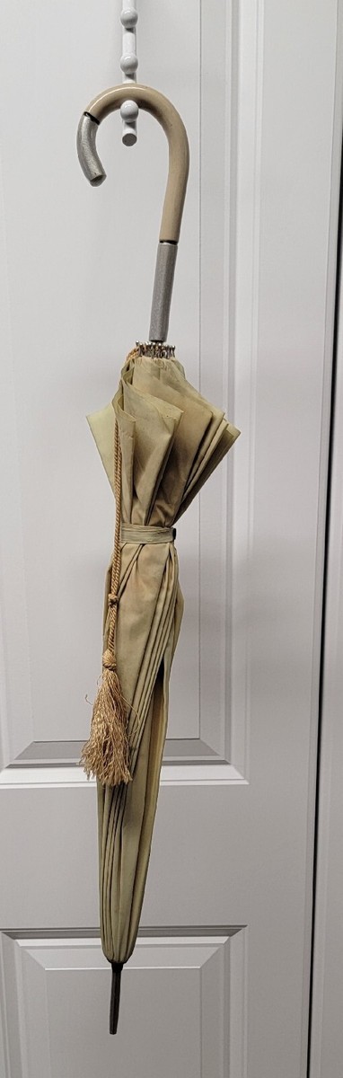 Vintage Umbrella With Silver & Beige Handle, Original Tassel 1940