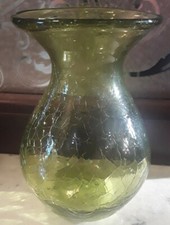 Vintage Green Crackle Glass Vase Approx. 5 Tall