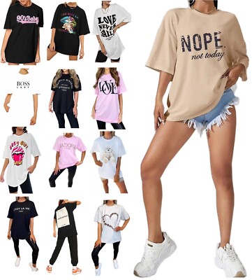 Women's Slogan T Shirt Oversized Tops Ladies Tee Baggy Fit Short Sleeve T-shirt