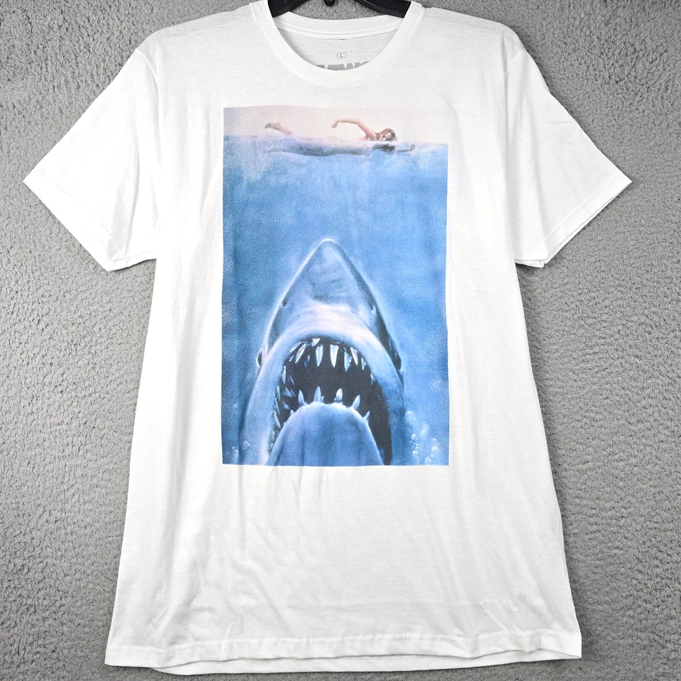Camisa JAWS Para Hombres Grande Blanca Informal Película Póster 50 Aniversario Años 70 Tiburón Nueva Con Etiquetas Foto 3 de 4
