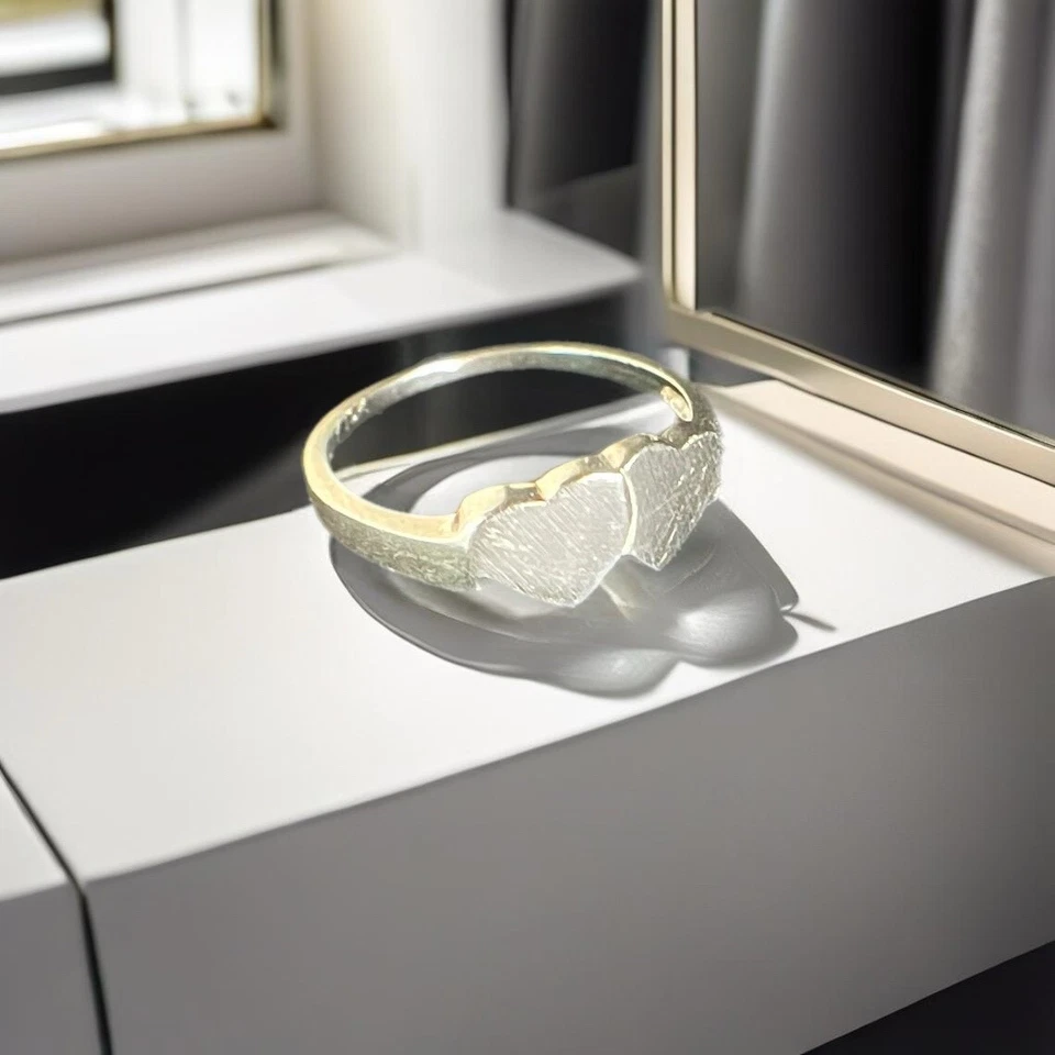 10K Solid White Gold Double Heart Signet Love Ring Size 5 Resize or Engrave Ask - Image 2 of 4