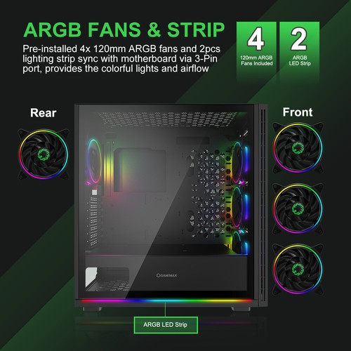 GAMEMAX View Mid-Tower E-ATX Gaming PC Case w/4X ARGB Fan & 2X ARGB LED Strip - Picture 2 of 9