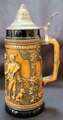 Vintage S. P. GERZ W Germany Lidded 1L Stein ''Hunter's Farewell'' Cobalt Blue Tan