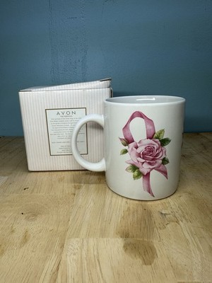 VTG NIB Avon Coffee Cup Breast Cancer Awareness Pink Ribbon Mug 1997 Pink Roses