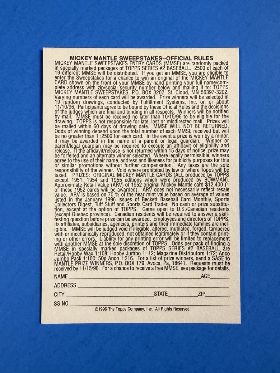 MICKEY MANTLE ~ 1996 Topps Sweepstakes Insert Card *1952 Topps