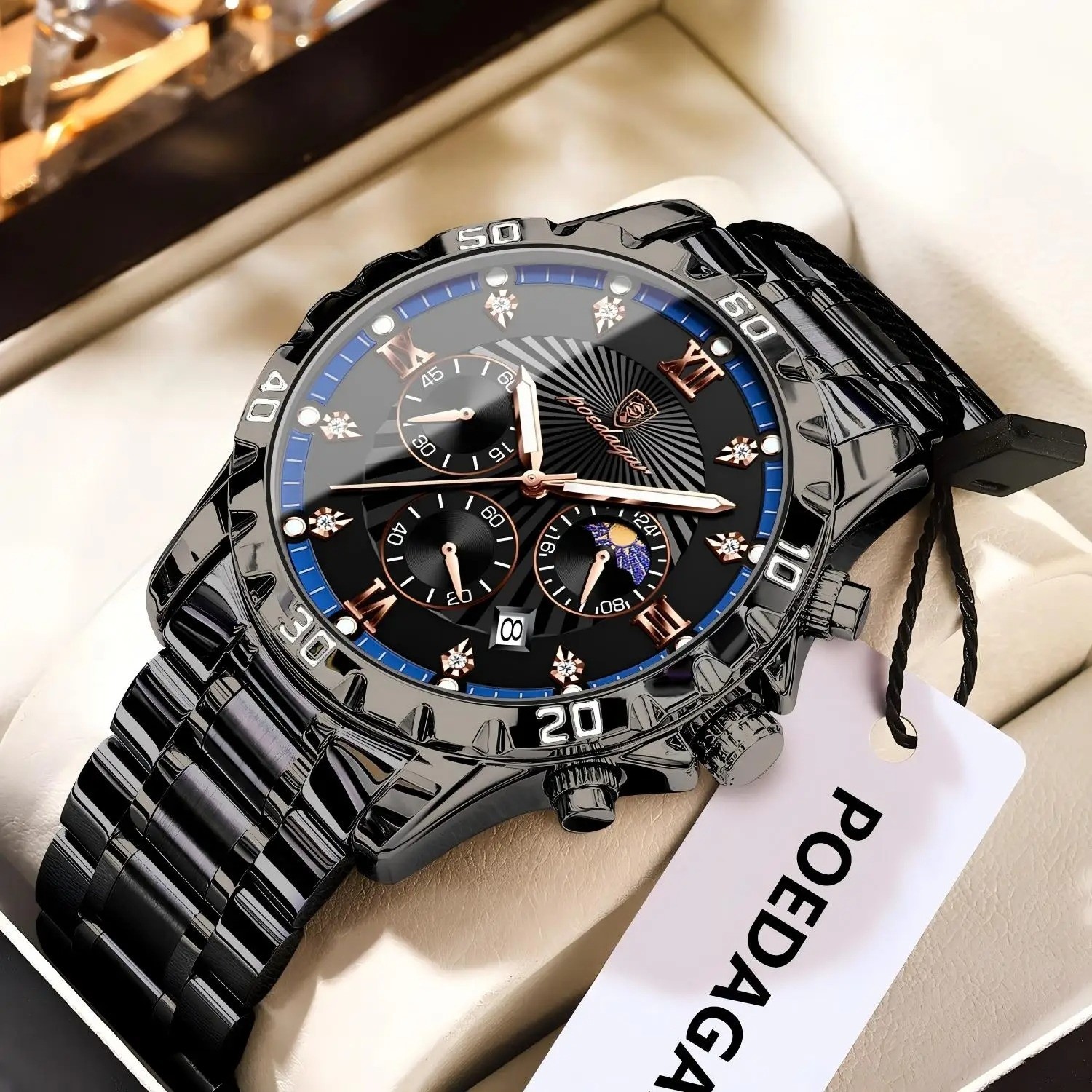 Montre de luxe Poedagar avec verre saphir inrayable et cadran bleu nuit