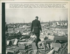 1965 Pres Johnson Visiting Tornado-Stricken Dunlap I.N Disaster Wirephoto 7X9