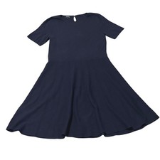 TALBOTS Navy Blue Ribbed Knit Fit Flare Dress Keyhole Neck Short Sleeve XL