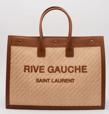 SAINT LAURENT 'Rive Gauche' Embroidered Raffia & Leather Tote Bag