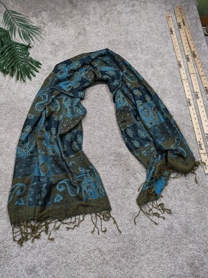 Indian Silk Boho Paisley Jacquard Scarf Wrap Womens Large Blue Green Fringe