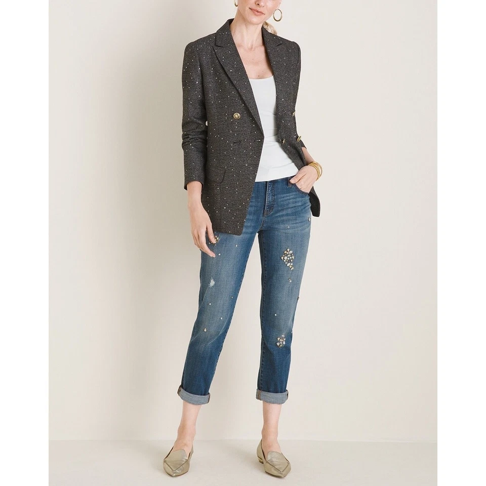 Chaqueta Blazer Abrigo Lentejuelas Chico's Doble Pecho Tweed Brillo Talla 8-10 Mediana Foto 3 de 4