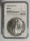1986 SILVER EAGLE $1 NGC MS69 FIRST YEAR ISSUE