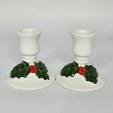 Vtg Pair Lillian Vernon Christmas Candle Stick Holder White Ceramic Holly Set 2 