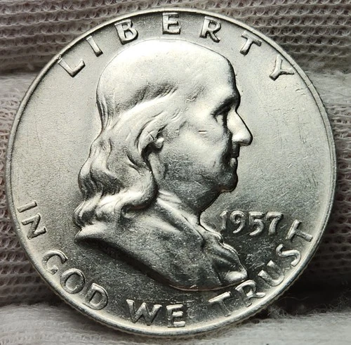 1957 D Franklin Half Dollar, Choice AU, 90% Silver - 0.3617 Troy Ounces, F-57d