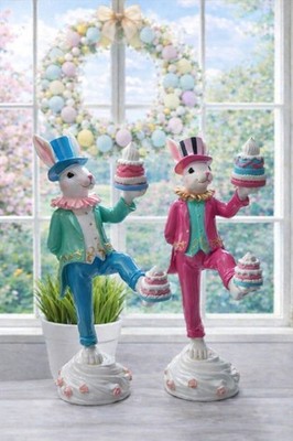 Hasen Kaninchen Torten Jongleur Figur 34cm Grün Pink / Blau  Clayre & Eef Ostern