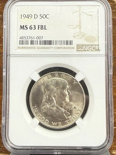 1949-D Franklin Half Dollar – NGC MS63 FBL – Full Bell Lines Silver Brown Label