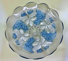 Vintage Clear Glass Footed Compote Plate  with Grapes and Leaves Wavy Edge