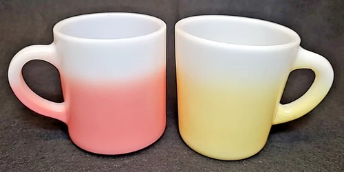 Lot of 2 Vintage Hazel-Atlas Ombre Fade Coffee Mugs Cups, Pink & Yellow to White