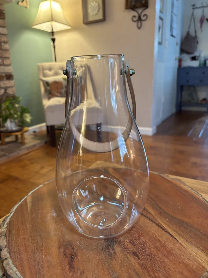 Pottery Barn Holmegaard 10” Glass Lantern W/Brown Leather Handle & Round Opening - Image 4 of 4