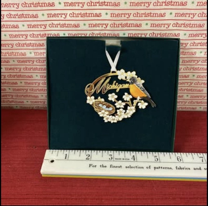 Die-cut Enameled Brass Michigan Robin Boxed 3-D 3.5” Ornament