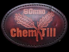 JK27122 NOS VINTAGE 1970s ORTHO CEMICALS CHEMTILL LEATHER BELT BUCKLE