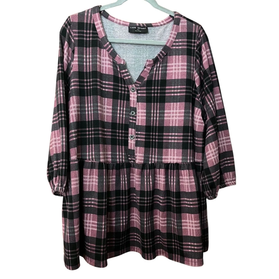 Blusa Lane Bryant a Cuadros Columpio Manga 3/4 Henley Babydoll Top Foto 3 de 4