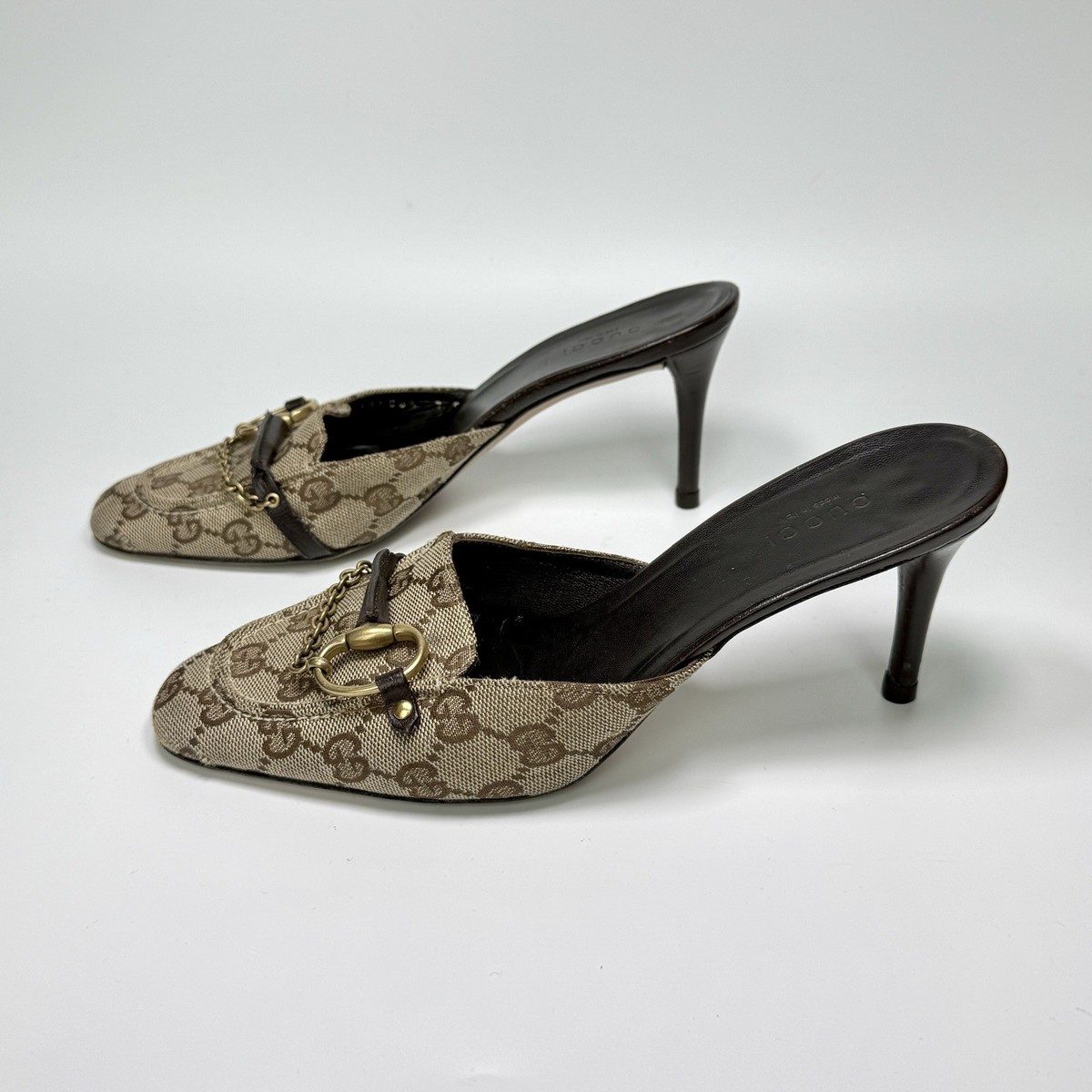 Vintage Gucci Monogram Horsebit Mule Heels in Beige / Brown / Gold