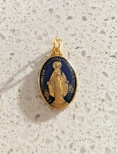 One religious Miraculous Medal Our Lady lovely tiny 20mm blue /gold colouring