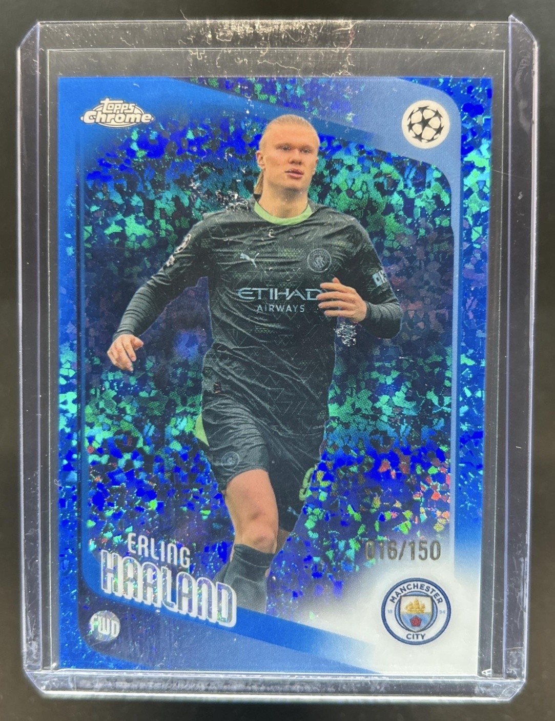 2025-26 Topps Chrome UEFA CC Erling Haaland Blue Mini-Diamonds Refractor #/150 view 1