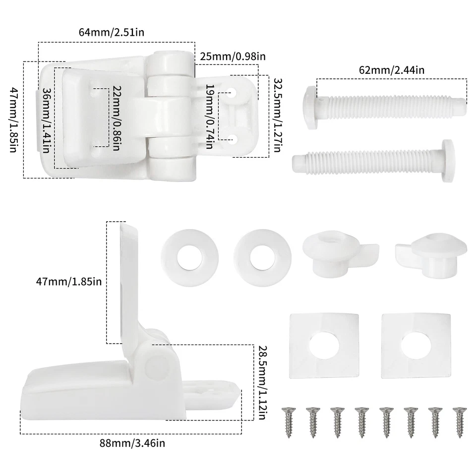 Piezas de repuesto universales de bisagras de asiento de inodoro de plástico blanco con tornillos y pernos Foto 4 de 4